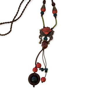 NEW Green Red Jade Ceramic  Beaded Long Tassel Necklace